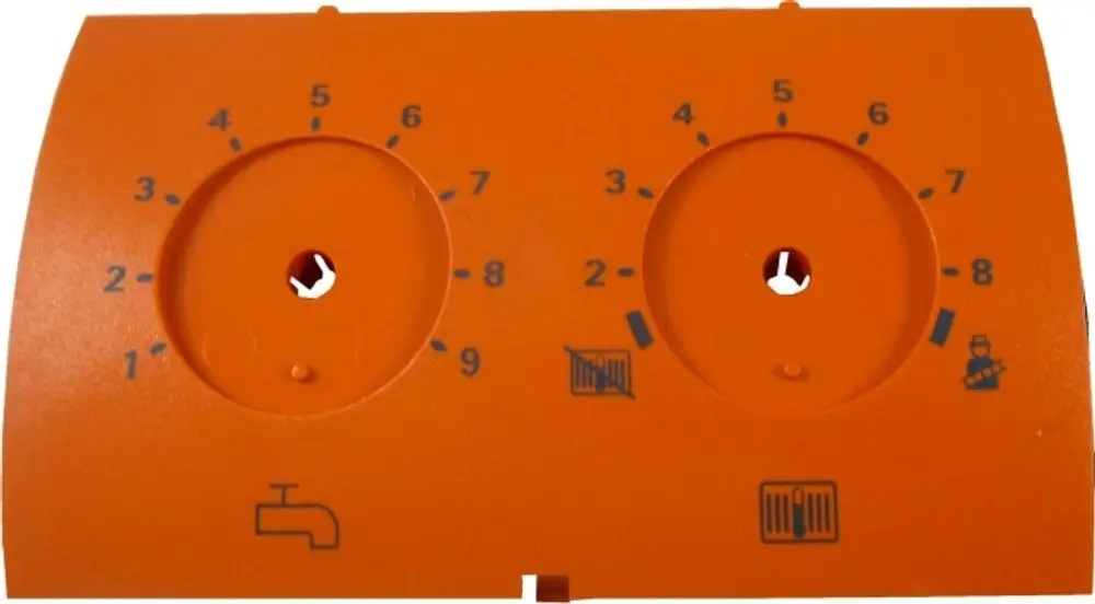 Oranges Regelungsgehäuse mit zwei Einstellrädern für Temperaturregulation, gekennzeichnet mit Symbolen und Nummern. Produkt von Wolf.